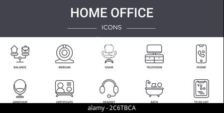 home office concept line icons set. contains icons usable for web, logo, ui/ux such as webcam, television, armchair, headset, bath, to do list, phone, Stock Vector