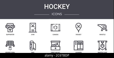 hockey concept line icons set. contains icons usable for web, logo, ui/ux such as gym, hockey, hockey goal, first aid kit, lockers, mapple leaf, whist Stock Vector