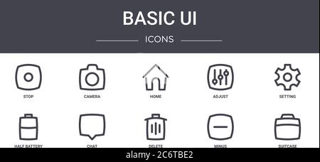 basic ui concept line icons set. contains icons usable for web, logo, ui/ux such as camera, adjust, half battery, delete, minus, suitcase, setting, ho Stock Vector