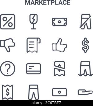 set of 16 marketplace concept vector line icons. 64x64 thin stroke icons such as fragile, dislike, dollar, payment, pants, hand, money, like, pants Stock Vector