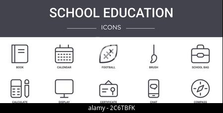 school education concept line icons set. contains icons usable for web, logo, ui/ux such as calendar, brush, calculate, certificate, chat, compass, sc Stock Vector