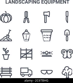 set of 16 landscaping equipment concept vector line icons. 64x64 thin stroke icons such as pruning shears, shovel, shovel, sprinkler, van, tree, googl Stock Vector