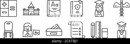 12 set of linear academy icons. thin outline icons such as student, exam, language, student, grammar, academy for web, mobile Stock Vector