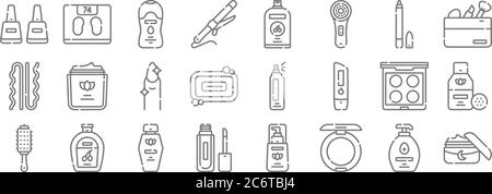 beauty line icons. linear set. quality vector line set such as night cream, powder, lip gloss, hair brush, eye shadow, manicure, makeup, shampoo, weig Stock Vector