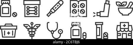 12 set of linear pharmacy icons. thin outline icons such as pharmacy, capsules, caduceus, inhalator, pregnancy test, cotton buds for web, mobile Stock Vector