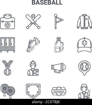 set of 16 baseball concept vector line icons. 64x64 thin stroke icons such as baseball, locker room, baseball cap, megaphone, base, batter, hot dog, b Stock Vector