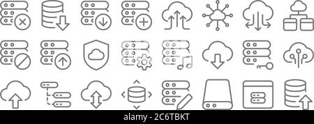 work office server line icons. linear set. quality vector line set such as export, database storage, moving, upload, key, secure, cloud storage, uploa Stock Vector