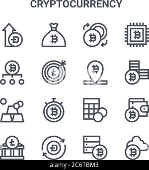 set of 16 cryptocurrency concept vector line icons. 64x64 thin stroke icons such as money bag, bitcoin, bitcoin, calculator, dash, cryptocurrency, bit Stock Vector