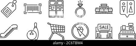 12 set of linear mall icons. thin outline icons such as cashier, no ice cream, bowling, mall, atm, barcode for web, mobile Stock Vector