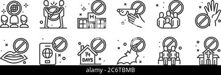 12 set of linear virus restrictions icons. thin outline icons such as church, bat, no travelling, no group, no visiting, handshake for web, mobile Stock Vector