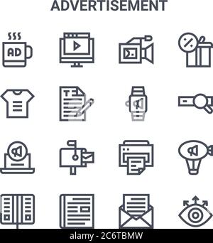 set of 16 advertisement concept vector line icons. 64x64 thin stroke icons such as online video, t shirt, searching, printer, magazine, view, message, Stock Vector