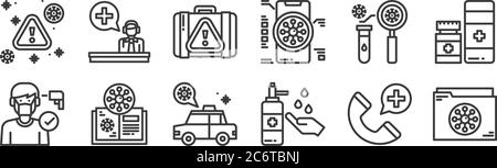 12 set of linear virus icons. thin outline icons such as folder, washing hand, book, analysis, warning, call center for web, mobile Stock Vector