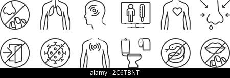 12 set of linear stop virus icons. thin outline icons such as lips, diarrhea, virus, heart, headache, human lungs for web, mobile Stock Vector