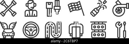 12 set of linear auto racing icons. thin outline icons such as tools, jacket, steering wheel, champagne, safety belt, commentator for web, mobile Stock Vector