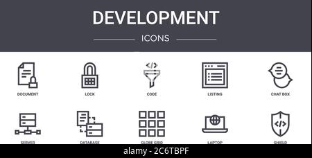 development concept line icons set. contains icons usable for web, logo, ui/ux such as lock, listing, server, globe grid, laptop, shield, chat box, co Stock Vector