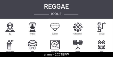 reggae concept line icons set. contains icons usable for web, logo, ui/ux such as djembe, tambourine, spray paint, turntable, bongo, skirt, hookah, ja Stock Vector