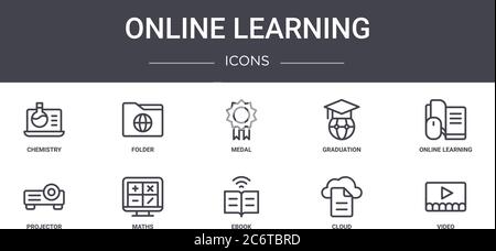 online learning concept line icons set. contains icons usable for web, logo, ui/ux such as folder, graduation, projector, ebook, cloud, video, online Stock Vector
