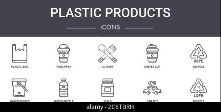 plastic products concept line icons set. contains icons usable for web, logo, ui/ux such as take away, coffee cup, water bucket, vials, car toy, recyc Stock Vector