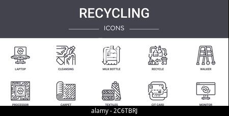 recycling concept line icons set. contains icons usable for web, logo, ui/ux such as cleansing, recycle, processor, textiles, cit card, monitor, walke Stock Vector