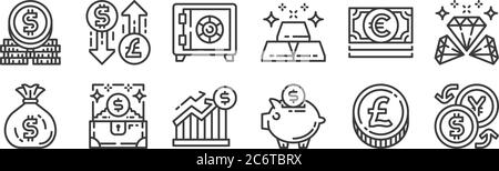 12 set of linear money and currency icons. thin outline icons such as money exchange, piggy bank, treasure chest, euro bill, safe box, money exchange Stock Vector
