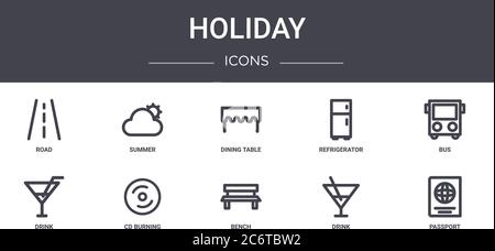 holiday concept line icons set. contains icons usable for web, logo, ui/ux such as summer, refrigerator, drink, bench, drink, passport, bus, dining ta Stock Vector