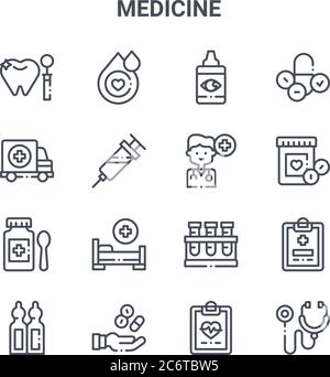 set of 16 medicine concept vector line icons. 64x64 thin stroke icons such as blood drop, ambulance, medicine, test tubes, hand, stethoscope, clipboar Stock Vector