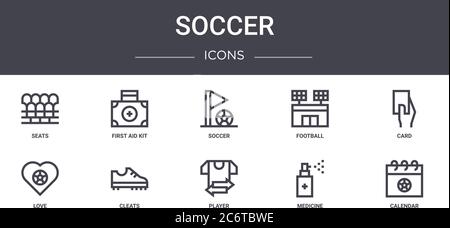 soccer concept line icons set. contains icons usable for web, logo, ui/ux such as first aid kit, football, love, player, medicine, calendar, card, soc Stock Vector