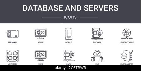 database and servers concept line icons set. contains icons usable for web, logo, ui/ux such as admin, firewall, multicore, data, file, file transfer, Stock Vector