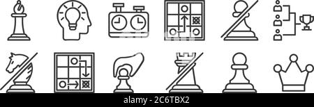 12 set of linear chess game icons. thin outline icons such as crown, rook, game strategy, pawn, chess clock, analytical thinking for web, mobile Stock Vector