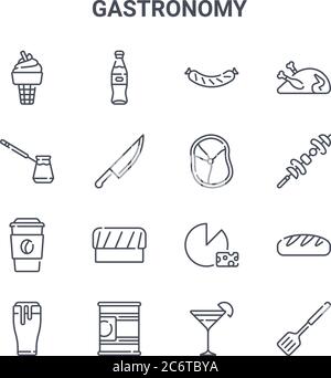 set of 16 gastronomy concept vector line icons. 64x64 thin stroke icons such as soda, coffee pot, bbq, cheese, tin, cooking, cocktail, meat, turkey Stock Vector