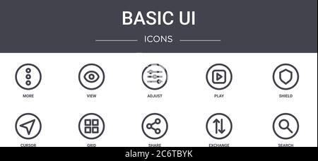 basic ui concept line icons set. contains icons usable for web, logo, ui/ux such as view, play, cursor, share, exchange, search, shield, adjust Stock Vector