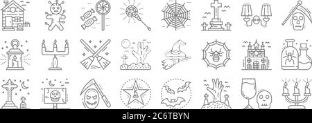 spooky halloween line icons. linear set. quality vector line set such as candle, living dead, black magic, graveyard, haunted house, magic broom, reap Stock Vector