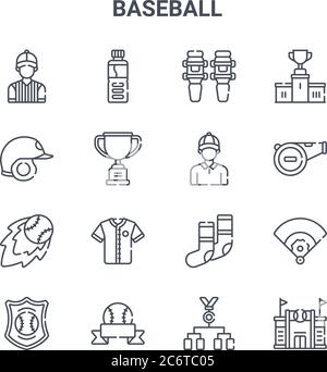 set of 16 baseball concept vector line icons. 64x64 thin stroke icons such as water bottle, helmet, whistle, socks, baseball, stadium, league, coach, Stock Vector