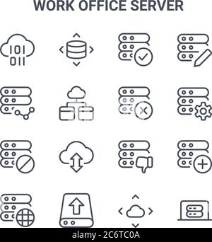 set of 16 work office server concept vector line icons. 64x64 thin stroke icons such as moving, networking, setting, bad review, upload, server, move, Stock Vector