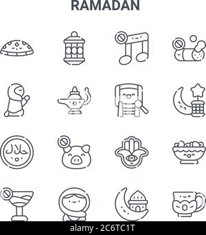 set of 16 ramadan concept vector line icons. 64x64 thin stroke icons such as lantern, prayer, ramadan, hamsa, muslim, tea cup, muslim, bedug, no smoki Stock Vector