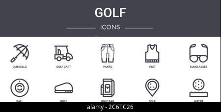 golf concept line icons set. contains icons usable for web, logo, ui/ux such as golf cart, vest, ball, golf bag, water, sunglasses, pants Stock Vector