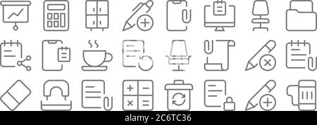 work office supply line icons. linear set. quality vector line set such as mug, locked, keys, eraser, delete, coffee cup, file, clip, calculator Stock Vector