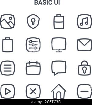 set of 16 basic ui concept vector line icons. 64x64 thin stroke icons such as security, battery, email, chat, cross, minus, home, screen, music Stock Vector