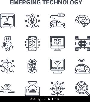 set of 16 emerging technology concept vector line icons. 64x64 thin stroke icons such as , robot, big data, smart tv, hologram, bitcoin, deep Stock Vector