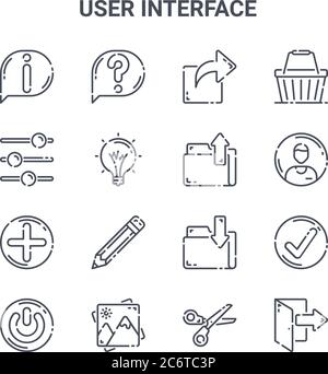 set of 16 user interface concept vector line icons. 64x64 thin stroke icons such as help, controls, account, folder, gallery, , scissors, folder, bask Stock Vector