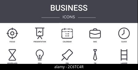 business concept line icons set. contains icons usable for web, logo, ui/ux such as presentation, bag, hourglass, pin, tie, ladder, clock, calendar Stock Vector
