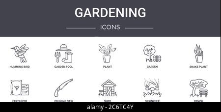 gardening concept line icons set. contains icons usable for web, logo, ui/ux such as garden tool, garden, fertilizer, shed, sprinkler, bench, snake pl Stock Vector