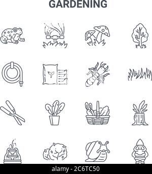 set of 16 gardening concept vector line icons. 64x64 thin stroke icons such as sprinkler, hose, grass, , shrub, gnome, snail, termite, tree Stock Vector