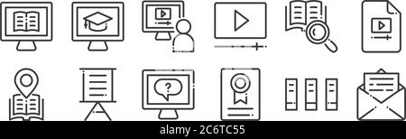 12 set of linear online learning icons. thin outline icons such as email, certificate, presentation, search, online learning, online learning for web, Stock Vector