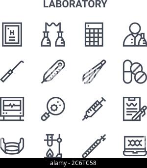 set of 16 laboratory concept vector line icons. 64x64 thin stroke icons such as chemical, dissection, medicine, syringe, lab, , pipette, forceps, scie Stock Vector