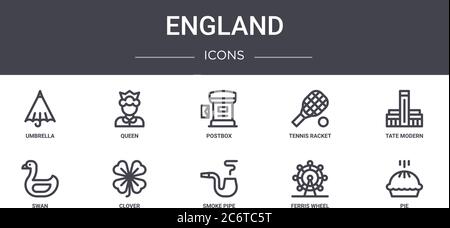 england concept line icons set. contains icons usable for web, logo, ui/ux such as queen, tennis racket, swan, smoke pipe, ferris wheel, pie, tate mod Stock Vector