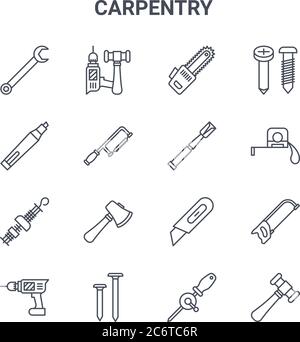 set of 16 carpentry concept vector line icons. 64x64 thin stroke icons such as tools, marker, measuring tape, cutter, nails, hammer, hand drill, tool, Stock Vector