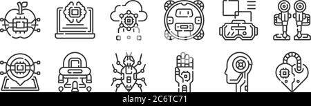 12 set of linear robotics icons. thin outline icons such as heart, robotic hand, spaceship, virtual reality glasses, cloud computing, artificial intel Stock Vector