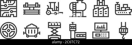 12 set of linear industrial process icons. thin outline icons such as hook, control tower, coal, factory, forklift, crane for web, mobile Stock Vector