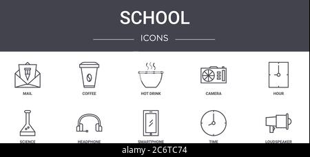 school concept line icons set. contains icons usable for web, logo, ui/ux such as coffee, camera, science, smartphone, time, loudspeaker, hour, hot dr Stock Vector